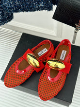 ALAIA MARY JANE SHOES IN CHERRY RED MESH WITH GOLD HARDWARE